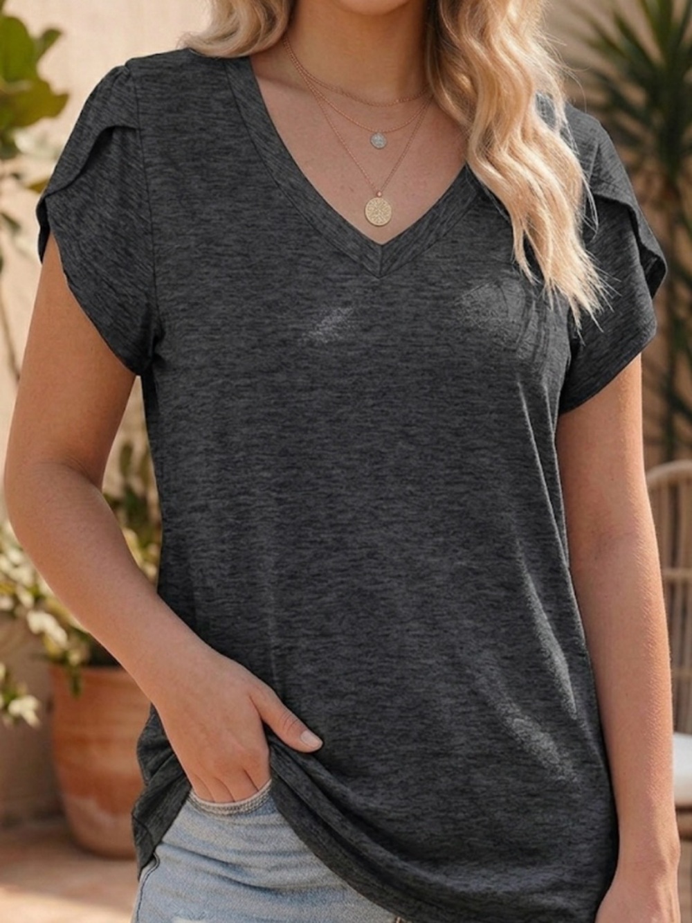 V Neck Petal Short Sleeve T Shirt 1X Gray